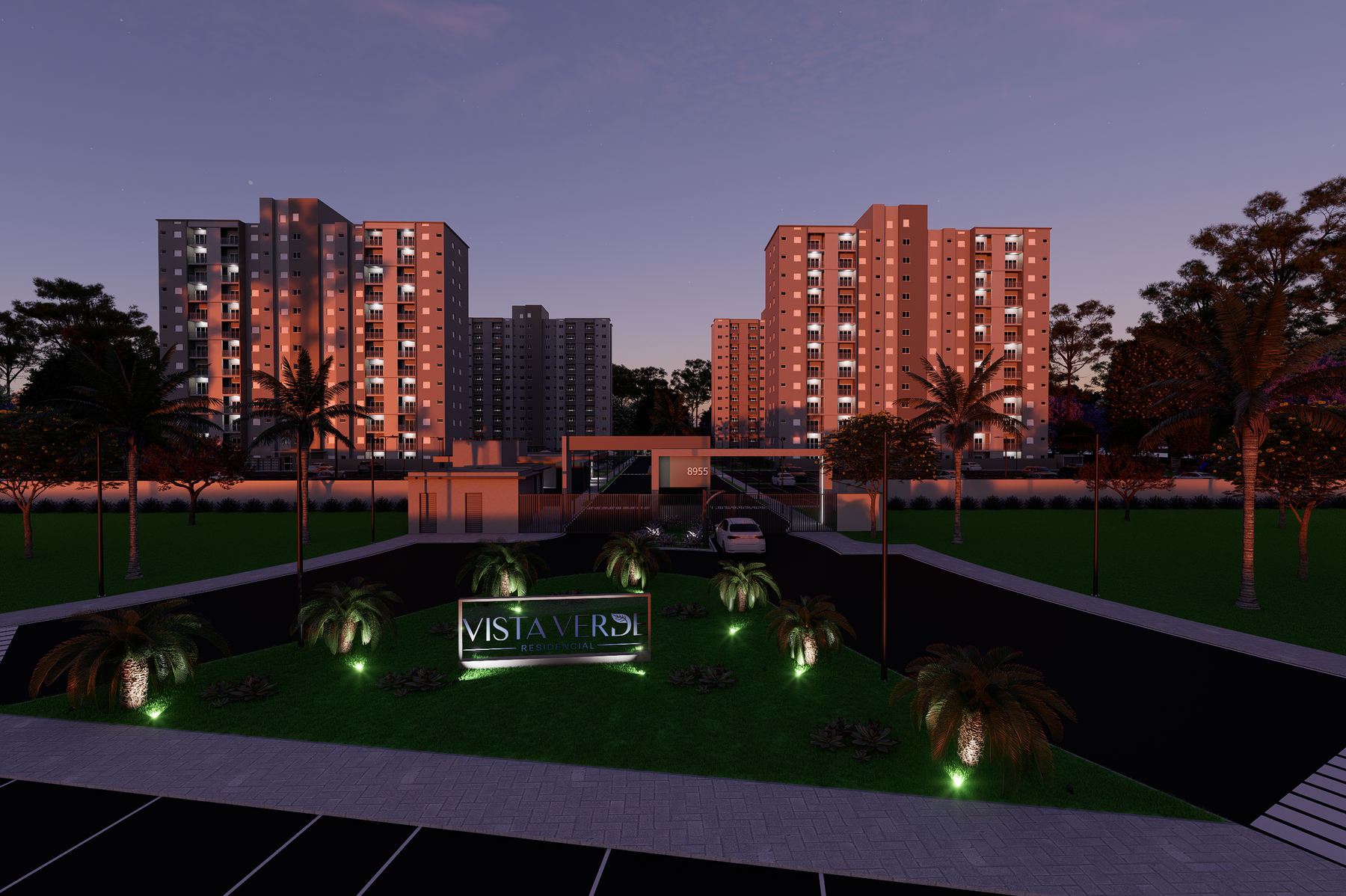 Entrada do residencial à noite